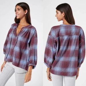 NWT Joie Barrian Plaid Flannel 3/4 Sleeve Relaxed Fit Top Size M